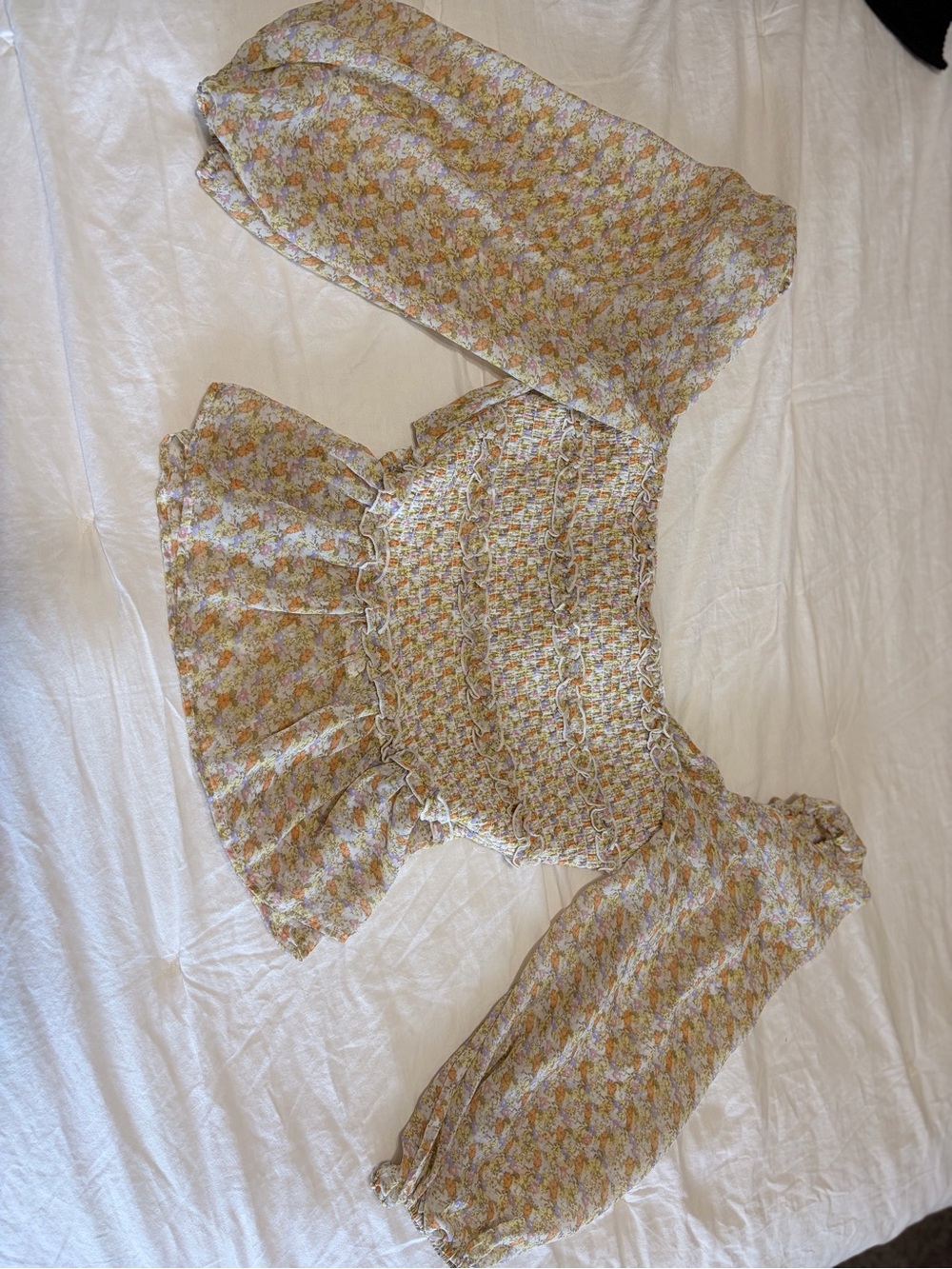 Astr Floral Smocked Puff Sleeve Top in Yellow and Cream